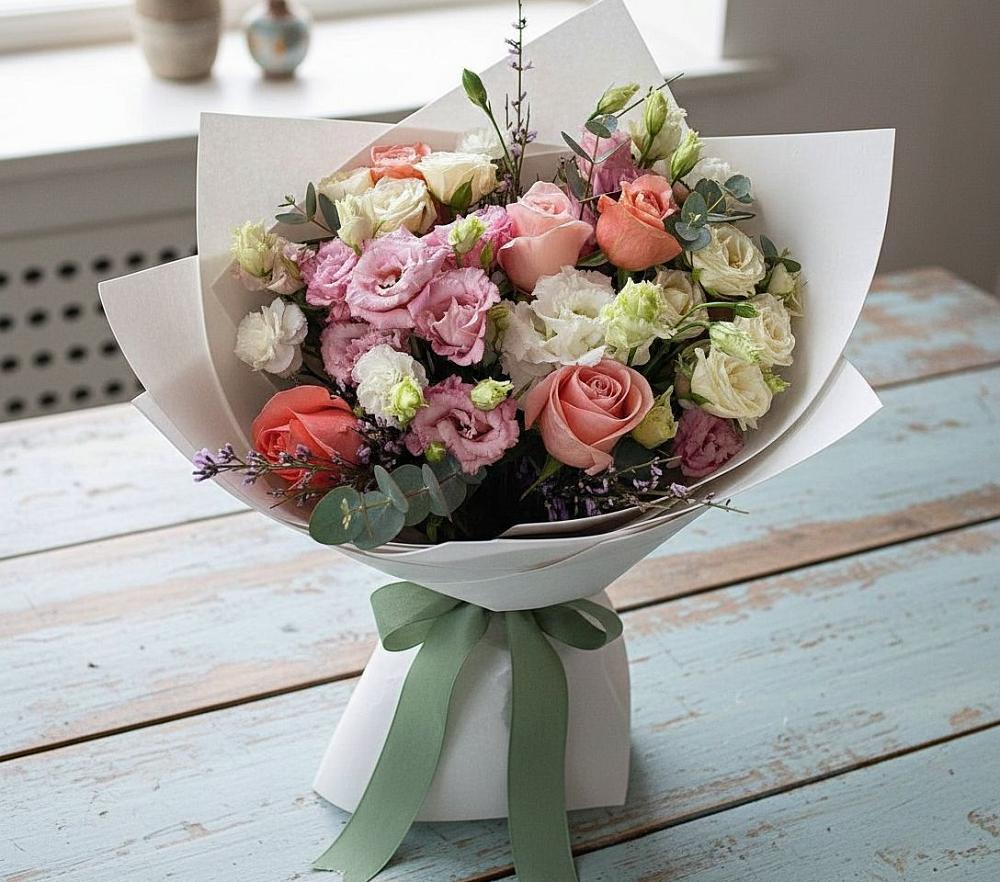 Букет цветов из: Розы, Лизиантусы и Гвоздики в Луначарском