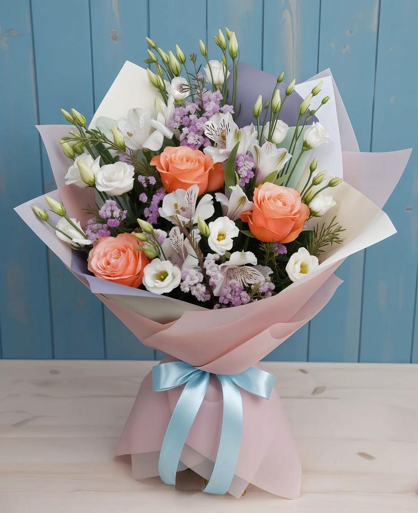 Букет цветов из: Лизиантусы, Розы, Альстромерии и Гипсофила в Луначарском