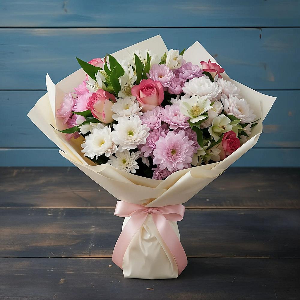 Букет цветов из: Хризантемы, Альстромерии и Розы в Луначарском